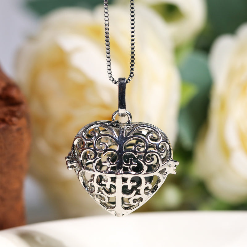 Silver Heart Skeleton Ballcage Stainless Steel Pendant Essential Oil Diffuser Gemstone Necklace