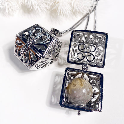 Silver Square Openwork Ballcage Stainless Steel Pendant Essential Oil Diffuser Gemstone Necklace