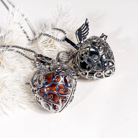 Wings Heart Openwork Ballcage Stainless Steel Pendant Essential Oil Diffuser Gemstone Necklace