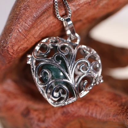 Silver Heart Skeleton Ballcage Stainless Steel Pendant Essential Oil Diffuser Gemstone Necklace