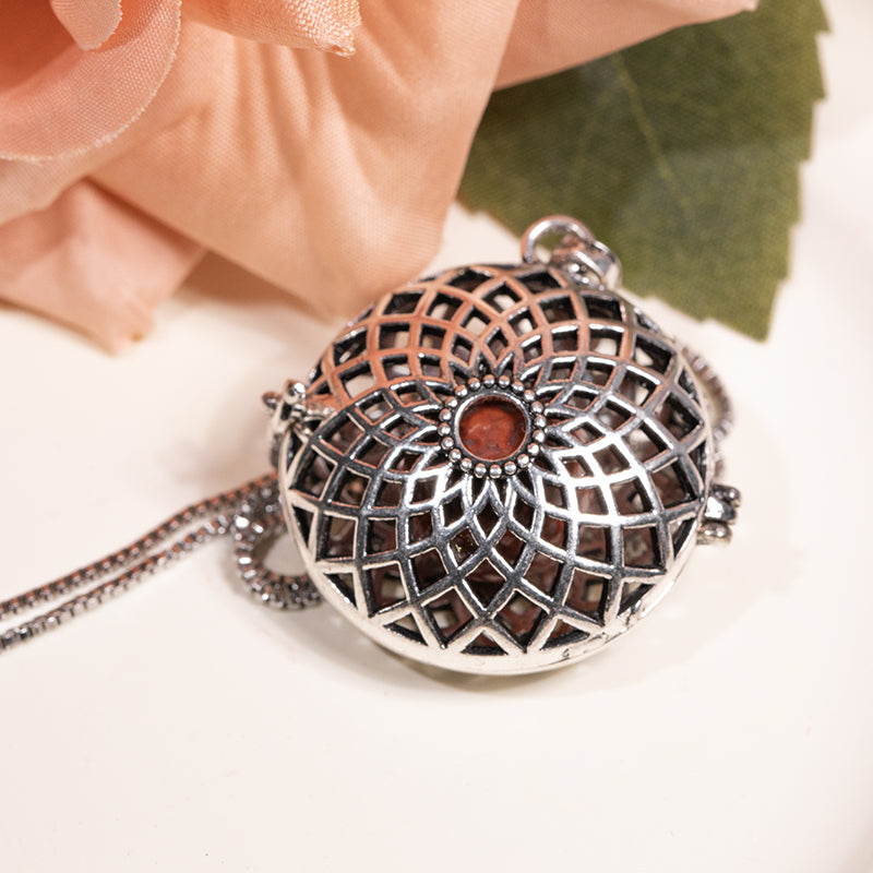 Silver Mandala Stainless Steel Skeleton Pendant Essential Oil Diffuser Gemstone Necklace Jewelry