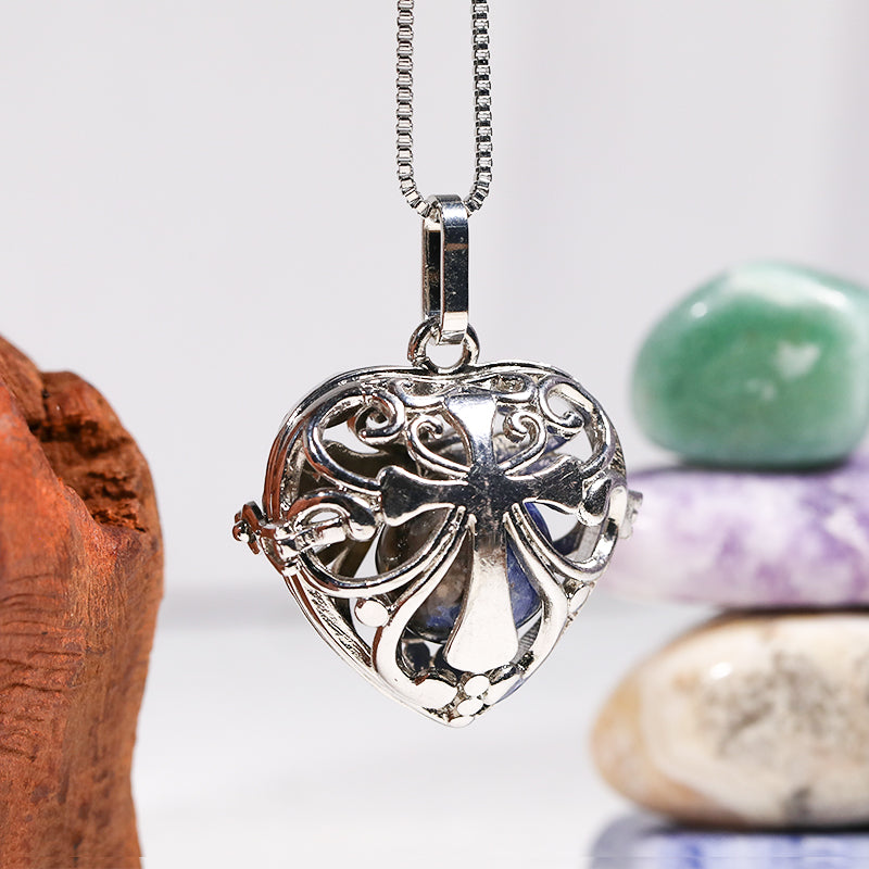 Silver Heart Skeleton Ballcage Stainless Steel Pendant Essential Oil Diffuser Gemstone Necklace