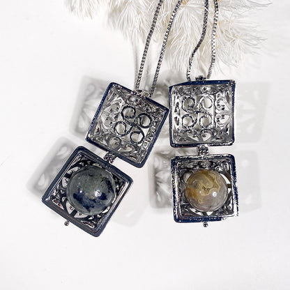 Silver Square Openwork Ballcage Stainless Steel Pendant Essential Oil Diffuser Gemstone Necklace