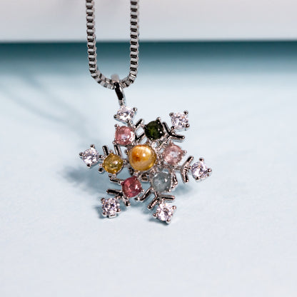 Stainless Steel Rotating Snowflake Pendant with Tourmaline Gemstones Gift Necklace for Her