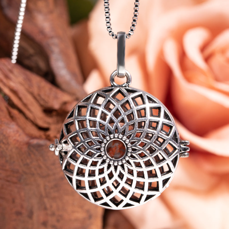 Silver Mandala Stainless Steel Skeleton Pendant Essential Oil Diffuser Gemstone Necklace Jewelry