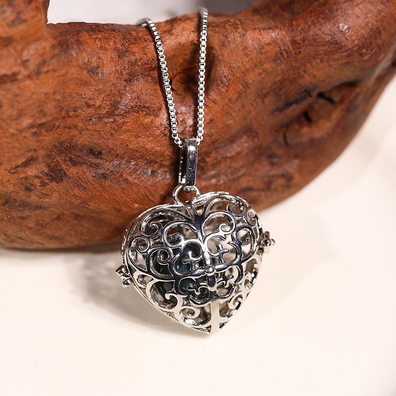 Silver Heart Skeleton Ballcage Stainless Steel Pendant Essential Oil Diffuser Gemstone Necklace