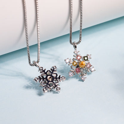 Stainless Steel Rotating Snowflake Pendant with Tourmaline Gemstones Gift Necklace for Her