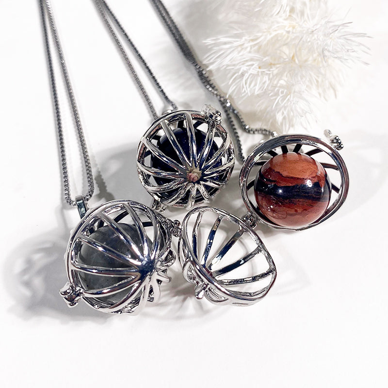 Round Line Openwork Ballcage Stainless Steel Pendant Essential Oil Diffuser Gemstone Necklace