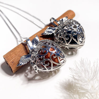 Wings Heart Openwork Ballcage Stainless Steel Pendant Essential Oil Diffuser Gemstone Necklace