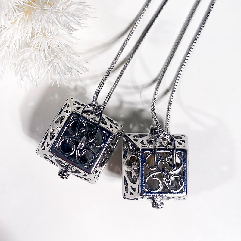 Silver Square Openwork Ballcage Stainless Steel Pendant Essential Oil Diffuser Gemstone Necklace