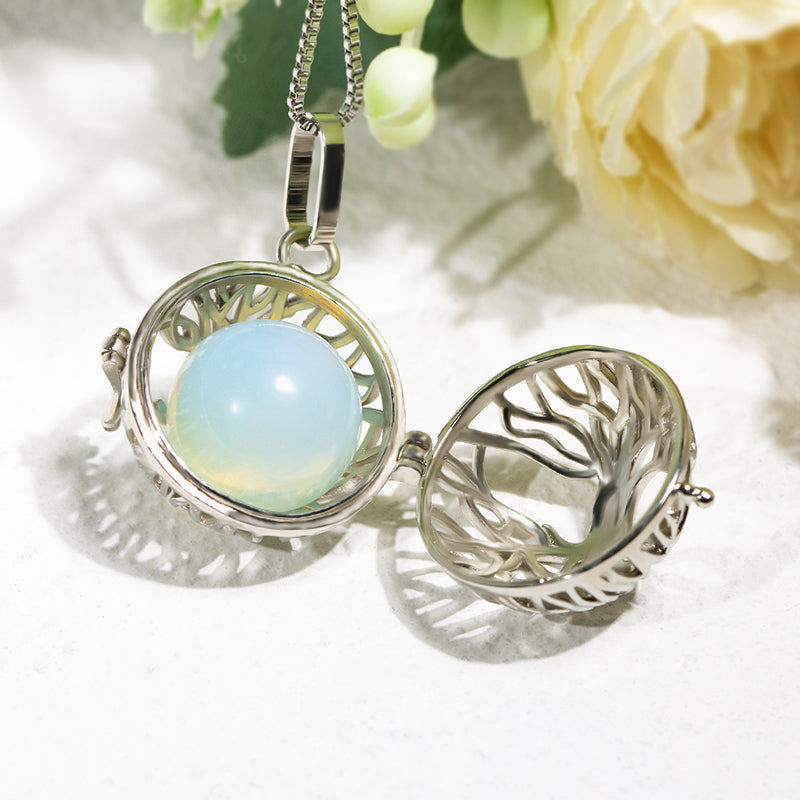 Silver Spherical Tree of Life Stainless Steel Skeleton Pendant Essential Oil Diffuser Gemstone Necklace Jewelry