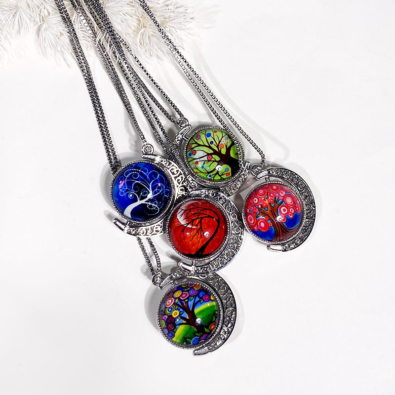 Classic Moon Reversible Steel Pendant Necklace Tree of Life Glass Jewelry Necklace Accessories