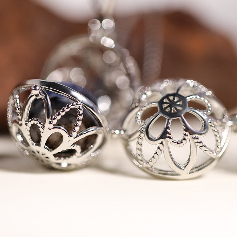 Silver Spherical Mandala Skeleton Stainless Steel Pendant Essential Oil Diffuser Gemstone Necklace Jewelry