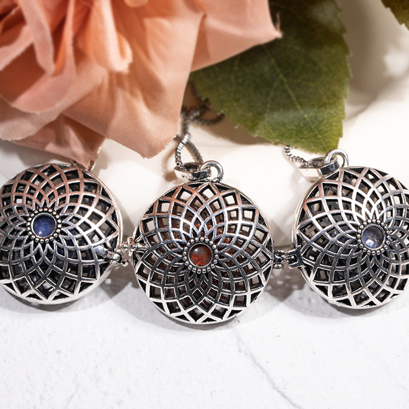 Silver Mandala Stainless Steel Skeleton Pendant Essential Oil Diffuser Gemstone Necklace Jewelry