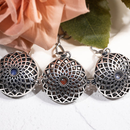 Silver Mandala Stainless Steel Skeleton Pendant Essential Oil Diffuser Gemstone Necklace Jewelry