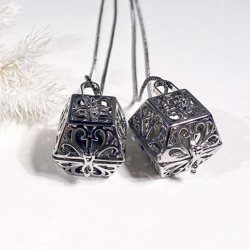 Silver Square Openwork Ballcage Stainless Steel Pendant Essential Oil Diffuser Gemstone Necklace