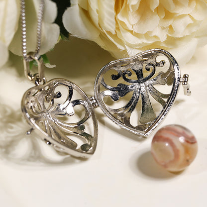 Silver Heart Skeleton Ballcage Stainless Steel Pendant Essential Oil Diffuser Gemstone Necklace