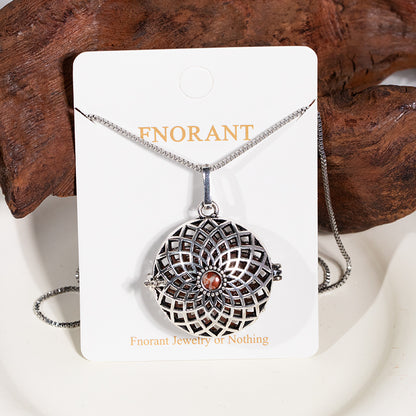 Silver Mandala Stainless Steel Skeleton Pendant Essential Oil Diffuser Gemstone Necklace Jewelry