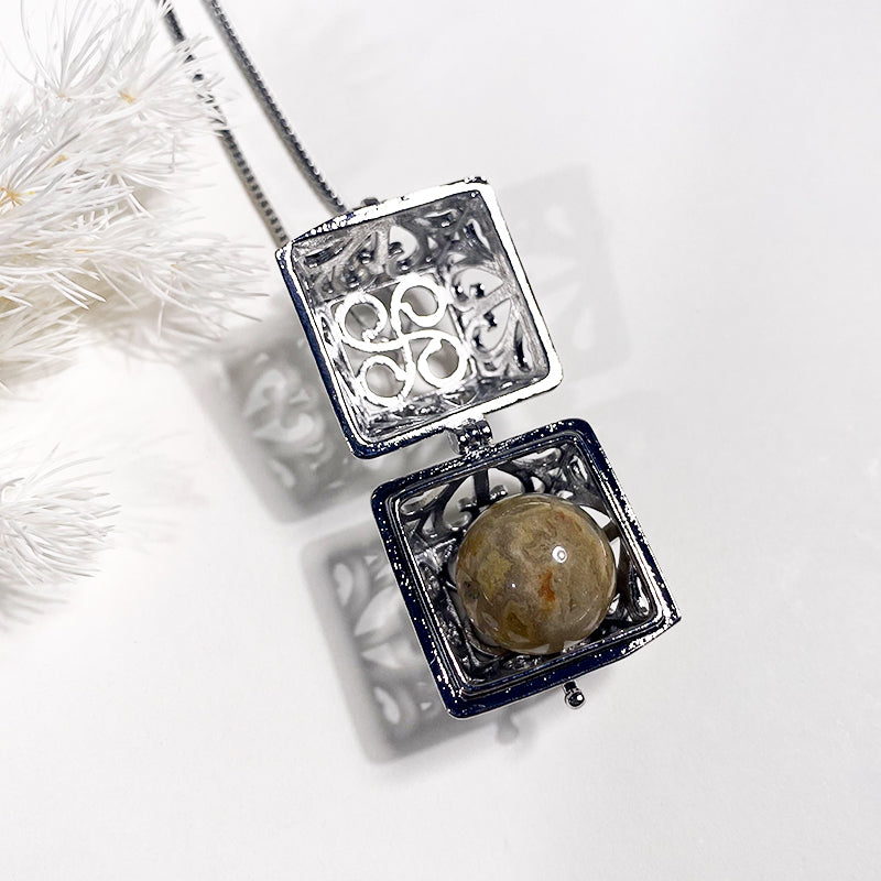 Silver Square Openwork Ballcage Stainless Steel Pendant Essential Oil Diffuser Gemstone Necklace