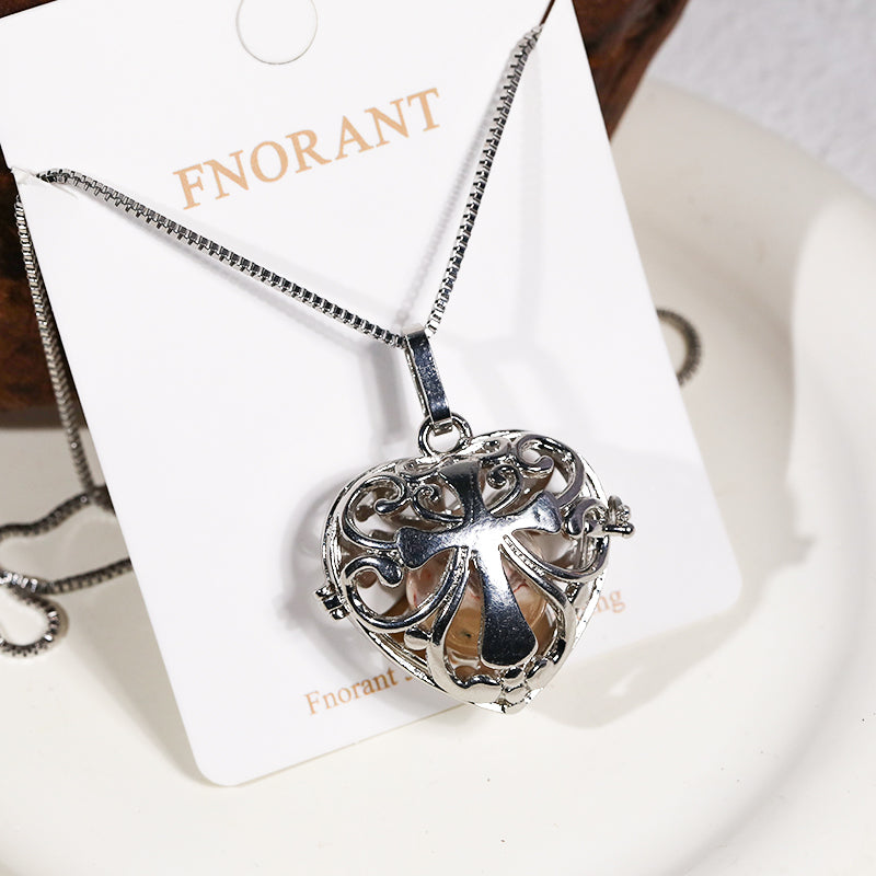 Silver Heart Skeleton Ballcage Stainless Steel Pendant Essential Oil Diffuser Gemstone Necklace