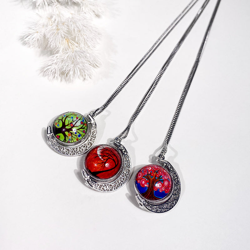 Classic Moon Reversible Steel Pendant Necklace Tree of Life Glass Jewelry Necklace Accessories