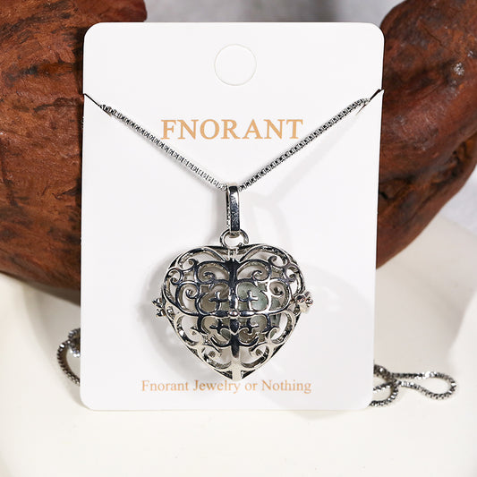 Silver Heart Skeleton Ballcage Stainless Steel Pendant Essential Oil Diffuser Gemstone Necklace