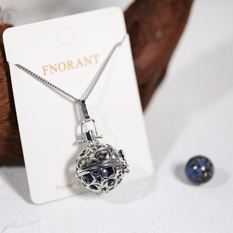 Silver Spherical Pentagram Skeleton Stainless Steel Pendant Essential Oil Diffuser Gemstone Necklace Jewelry